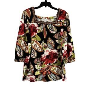 Elliot Lauren Floral Women’s Blouse Embroidered Square Neckline Puff Sleeves: XL